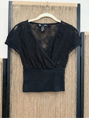 Eckored Black Lace Wrap-Style Short Sleeve Top